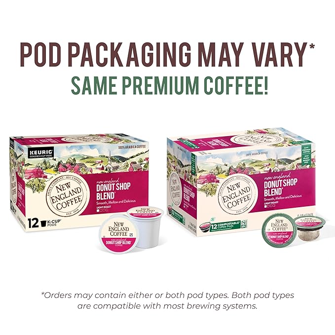 New England Coffee Donut Shop Blend Light Roast Single Serve Pods, 12ct Box (Pack of 1)