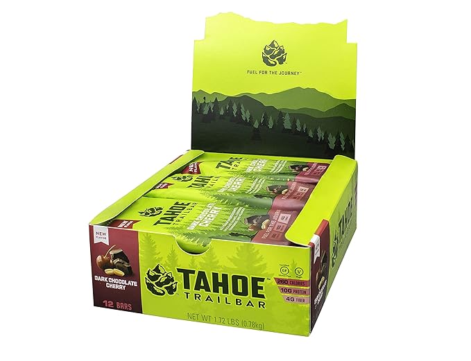 Tahoe Trail Bar, Plant-Based Natural Energy Bar (2.3 Ounce Protein Bar, 12 Count) High Protein Non-GMO, Gluten-Free, Vegan Healthy Snacks - Dark Chocolate Cherry