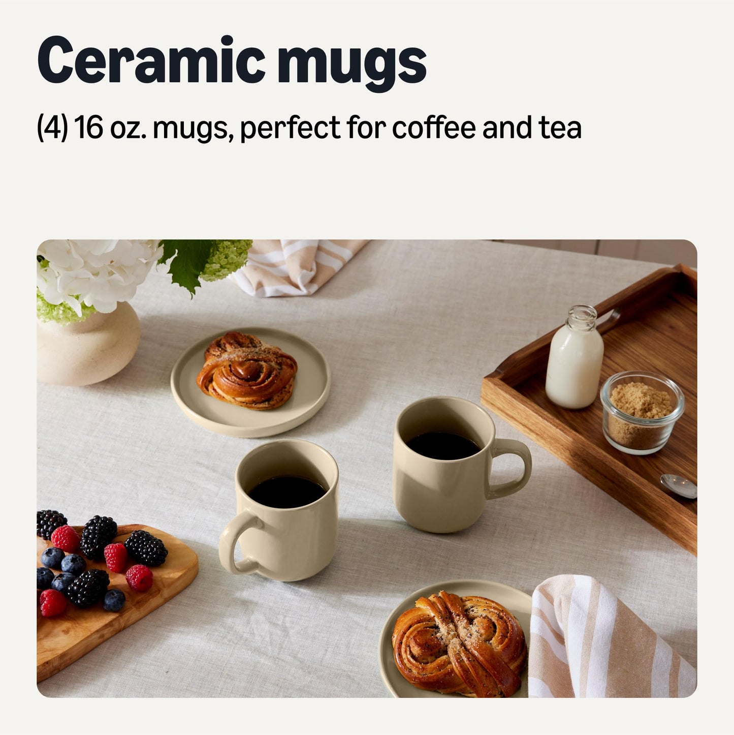 Amazon Basics Stoneware Coffee Mugs, 16 oz, 4-Piece Set, Gloss-Glazed, Stain-Resistant, Microwave