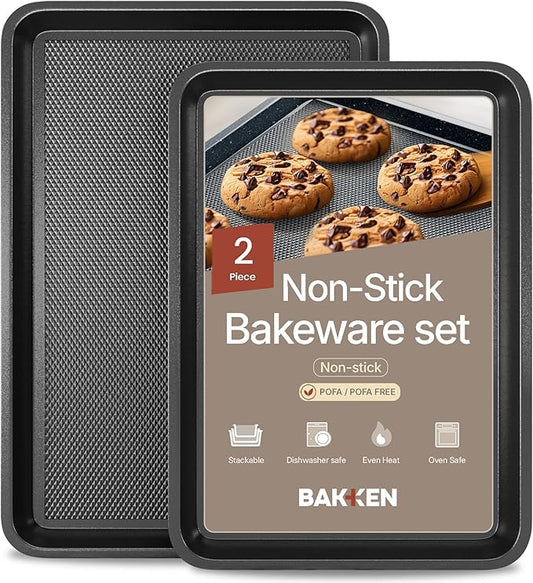 Diamond Bottom Cookie Sheet Set of 2, Nonstick Gray Carbon Steel Baking Pans for Crisp Baking, Space-Saving Stackable Trays, PFOA, PFOS, PTFE Free, Oven Safe Up to 450°F, Small & Medium Pans