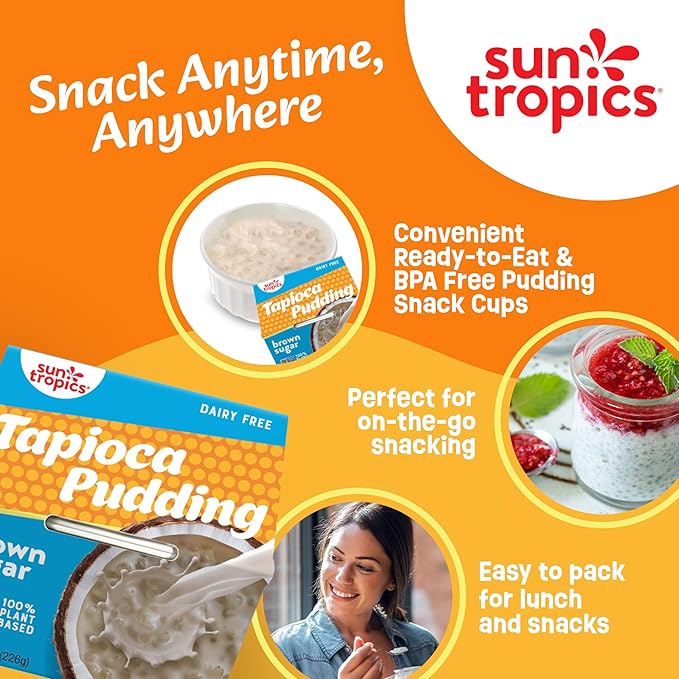 Sun Tropics Tapioca Pudding, Brown Sugar | Vegan Pudding, Dairy Free Pudding | Gluten Free, Low Sugar, Non-GMO | Ready-to-Eat Pudding Cups 4oz (Pack of 12 cups)