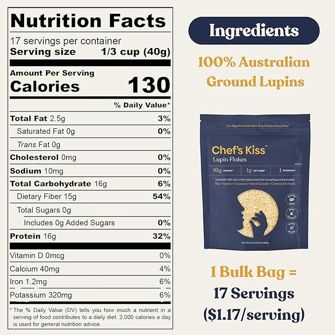 Chef???Kiss Lupin Flakes | 16g Protein, 1g Net Carbs, 15g Fiber | Gluten Free, Low Glycemic, Low Carb | Rice, Couscous, Cornmeal, Breadcrumb Alternative | High Protein, Keto |17 Servings, (24oz)
