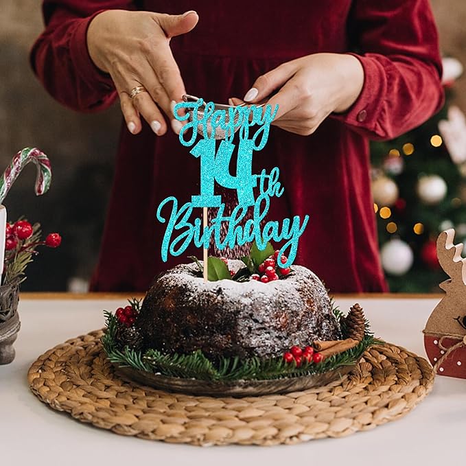 1 PCS Happy 14th Birthday Cake Topper Glitter Cheers to 14 Years Birthday Cake Pick Fourteen Hello 14 Fabulous Cake Decoration for Happy 14th Birthday Anniversary Party Decorations Supplies Blue