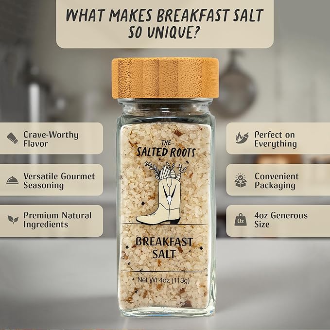 The Salted Roots - Breakfast Salt - Whiskey-Infused with Real Maple, Vanilla Bean & Applewood-Smoked Bacon - Sweet & Savory Seasoning for Eggs, Avocado Toast & Brunch Dishes - 4oz Jar