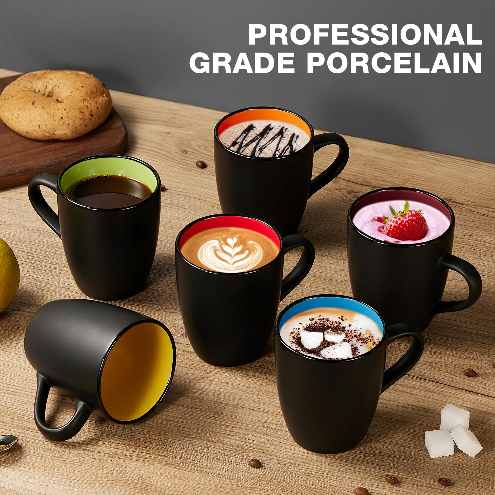 Qipecedm 6 Pack Porcelain Coffee Mugs Set, 12 Ounces Ceramic Coffee Mugs, Matte Black Coffee Mug