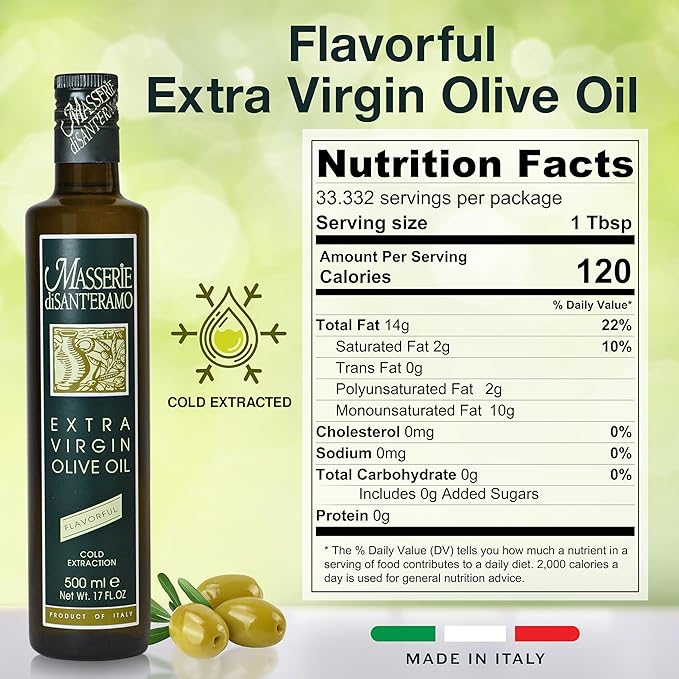 Flavorful Italian Extra Virgin Olive Oil Cold Pressed - Robust Olive Oil for Cooking and Frying, Imported from Italy - Masserie di Sant'Eramo - 16.9 Fl Oz (Pack 2)