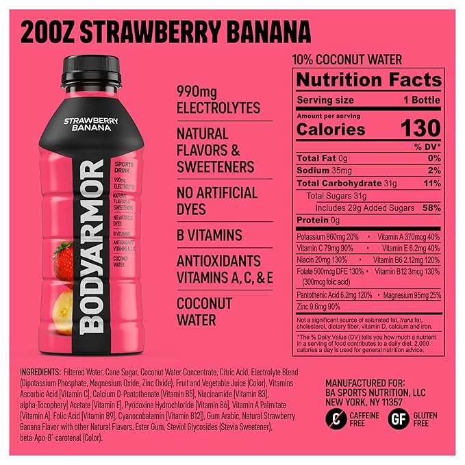 BODYARMOR Sports Drink Sports Beverage, Strawberry Banana, Coconut Water Hydration, Natural Flavors With Vitamins, Potassium-Packed Electrolytes, Perfect For Athletes, 20 Fl Oz (Pack of 6)