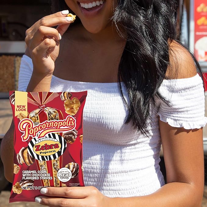Popcornopolis Zebra Popcorn, Caramel Corn with Chocolate Flavored Stripes, Multipack, 12 Individual Bags, 3 Ounces Each