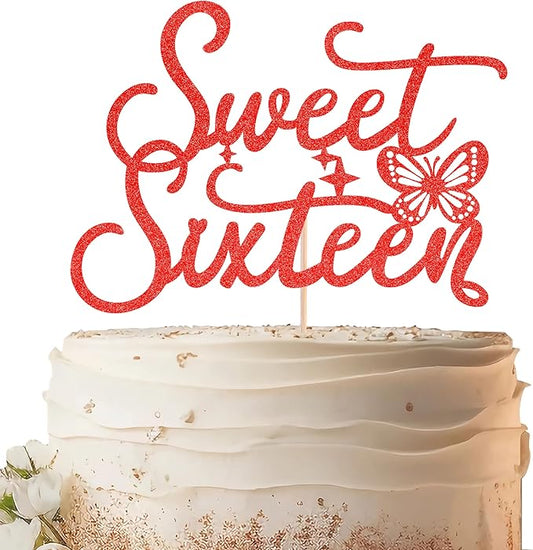 Sweet Sixteen Cake Topper - Red Glitter Butterfly Theme Sweet 16 Birthday Cake Decorating Supplies for Girls, Sweet 16 Cake Topper for Happy 16th Birthday Anniversary Party Supplies Photo Booth Props