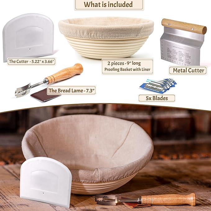 Sourdough Bread Baking Supplies Starter Kit, Banneton Proofing Basket Round 9" Set of 2, Perfect Basket Gift Set