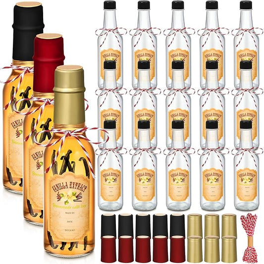 Tioncy 16 Pcs Vanilla Extract Bottles for Homemade Vanilla Jar Glass Bottle with Cap, Shrink Band, Sticker Syrup Gift Food Storage Canister for Bean Sauce Spice(Black, Red, Gold,3 oz)