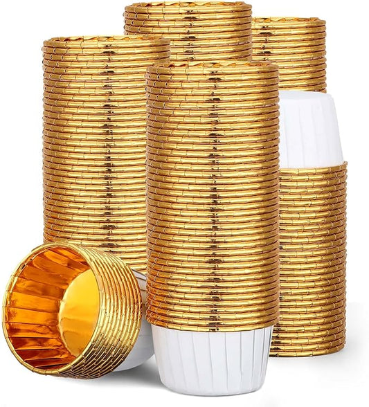 EUSOAR Cupcake Cups, 200pcs 3.5oz Mini Cheesecakes Holders Disposable Ramekins, Muffin Cupcake Liners Aluminum Foil Wrappers Paper Liner Cups for Birthday Wedding Party Festival-White/Gold