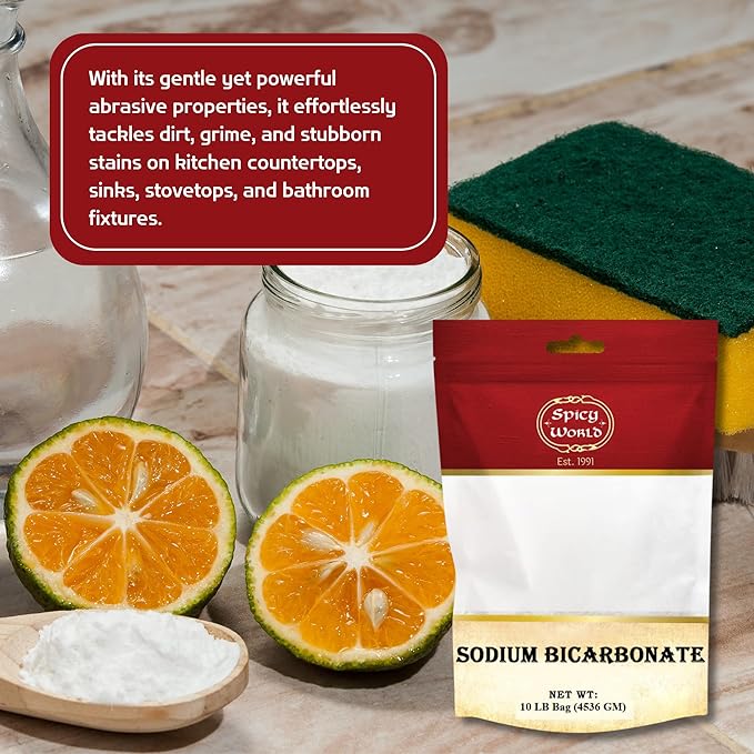 Spicy World Sodium Bicarbonate Powder - Aluminum Free, Food Grade Baking Soda Bulk for Cleaning, Pool, Cooking & More (10 LB Bag)