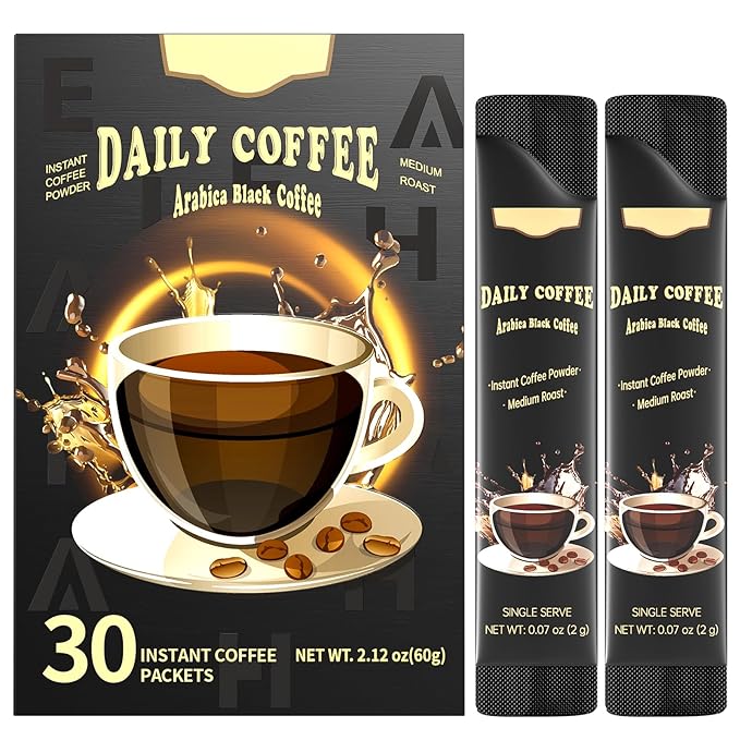 Sugar Free Instant Coffee 30 Packets Single Serve, Organic Arabica Instant Coffee Packs, Hot & Ice Coffee Instant Powder Medium Roast Low Acid for Camping, Traveling, Office & School