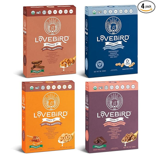 Lovebird Organic Gluten Free Cereal, Variety Pack??Prebiotic Fiber, Gut Health, Low Sugar, Grain Free, Breakfast or Snack ??Healthy Cereal Made With Real Food, 4 Pack, Kids & Adults
