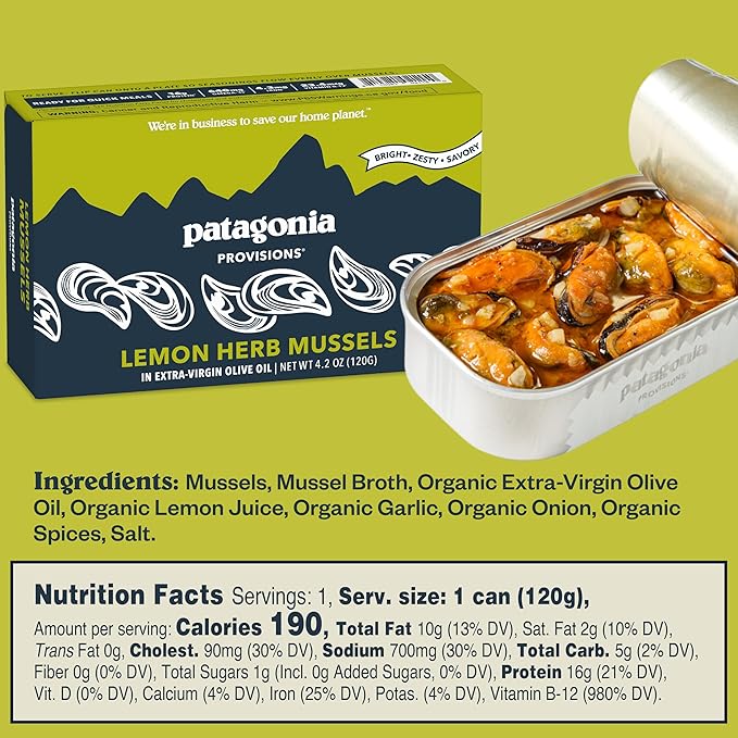 Patagonia Provisions Lemon Lovers Sampler with Rosemary Garlic Crackers | (1) Lemon Caper Mackerel, (1) Lemon Olive Anchovies, (1) Lemon Herb Mussels