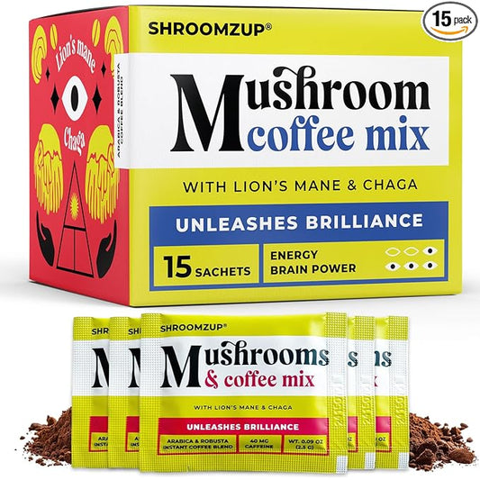 Instant Mushroom Coffee with Lions Mane and Chaga - 15 Pack - Nootropic Superfood Mushroom Coffee Instant - Arabica and Robusta Shrooms Instant Coffee