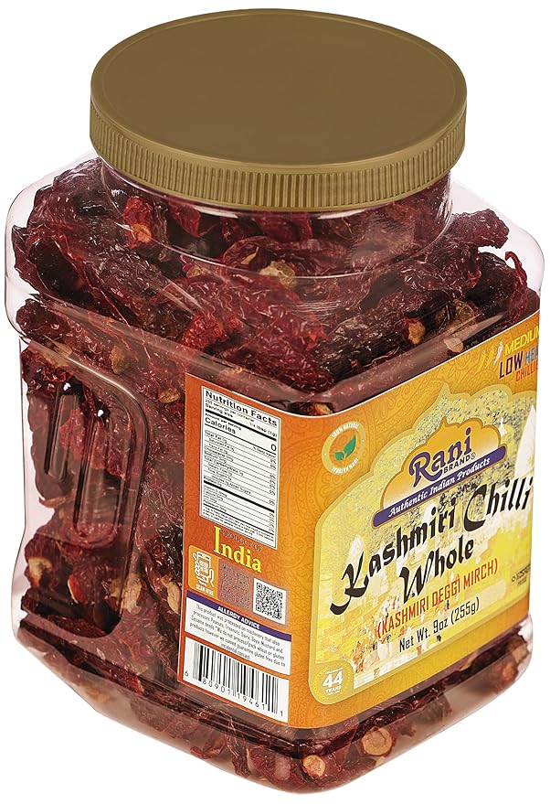 Rani Kashmiri Chilli Whole (Deggi Mirch, Low Heat) 9oz (255g) PET Jar ~ Natural | Salt-Free | Vegan | No Colors | Gluten Friendly | NON-GMO | Kosher | Indian Origin