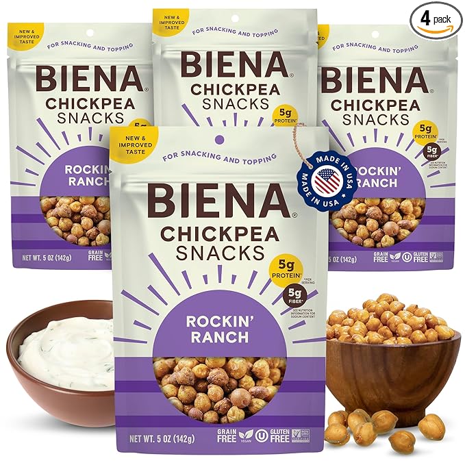 BIENA Chickpea Snacks - Crunchy Roasted Chickpeas - High Fiber Vegan Protein Snacks for Adults and Kids - 4-Pack, 5 Ounce Bags - Rockin??Ranch