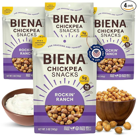 BIENA Chickpea Snacks - Crunchy Roasted Chickpeas - High Fiber Vegan Protein Snacks for Adults and Kids - 4-Pack, 5 Ounce Bags - Rockin??Ranch