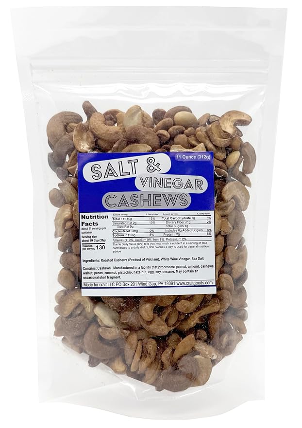 Salt & Vinegar Cashews, Flavored Cashew Splits, Clean Ingredient Flavored Nuts, 11 Ounce Resealable Bag