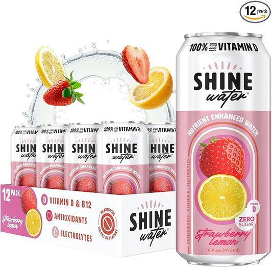 ShineWater Vitamin D Hydration Electrolyte Drink - Flavored water with electrolytes, Sugar-Free, Magnesium, Zinc, Vitamin B12, Plant-Based, Low Calorie - Strawberry Lemon Fruit Water 12 Pack