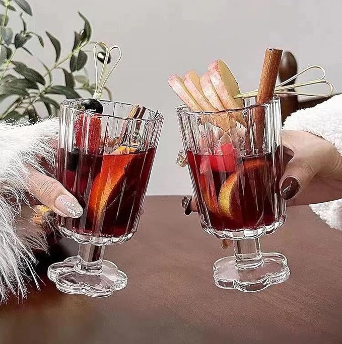 Footed Ice Cream Cups Drinking Glasses Set of 2 (Transparent), Flower Petal Style Glass Goblet, Suitable for Juice, Ice cream, Cocktails, Dessert & More.