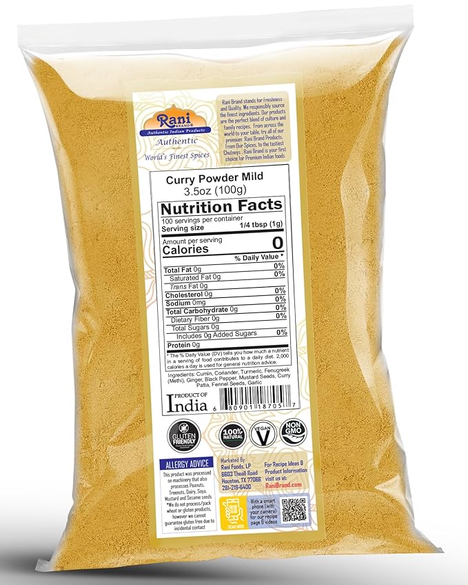 Rani Curry Powder Mild (10-Spice Authentic Indian Blend) 3.5oz (100g) ~ All Natural | Salt-Free | NO Chili or Peppers | Vegan | No Colors | Gluten Friendly | NON-GMO | Indian Origin