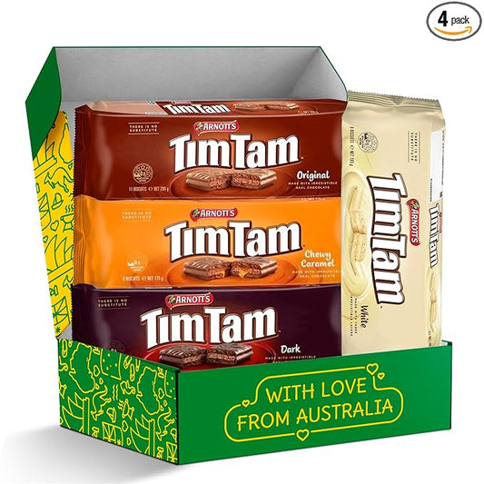 Tim Tam Cookies Gift, Snack Box, Australian Cookies Variety Pack with Chocolate Filling, 4 Pack Full of Original, Dark, Caramel & White Flavors - Perfect Cookie Gift