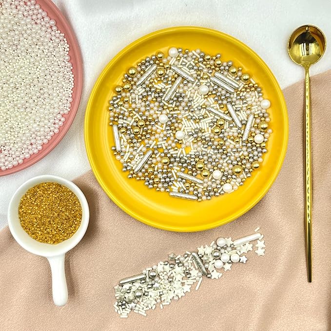 Sprinkles for Cake Decorating, Gold Sanding White Pearl Silver Jimmies Sprinkles Mix for Ice Cream Brownie Cookie Cupcake Baking Decorations