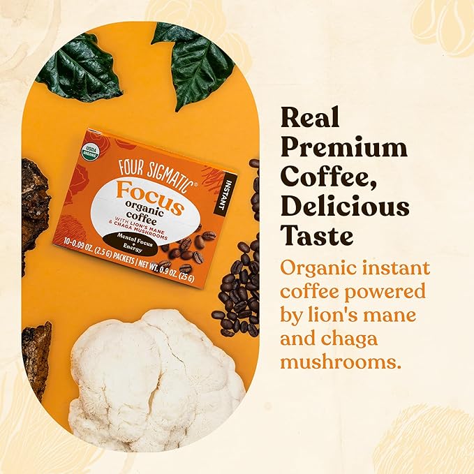 Four Sigmatic Focus Organic Mushroom Coffee | Instant Mushroom Coffee Mix with Lion's Mane, Chaga and Rhodiola for Better Focus and Immune Support | 10 Packets
