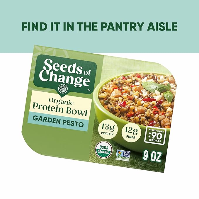 SEEDS OF CHANGE Organic Protein Bowl Garden Pesto, Prepared Entr챕e, Microwave in 90 Seconds, 9 oz (Pack of 6)