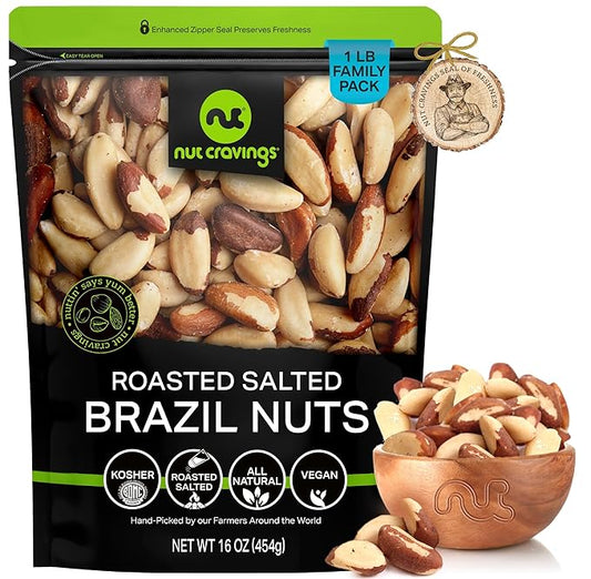 NUT CRAVINGS - Brazil Nuts Roasted & Salted - No Shell, Whole (16oz - 1 LB) Bulk Nuts Packed Fresh in Resealable Bag - Healthy Protein Food Snack, Food Assortments
