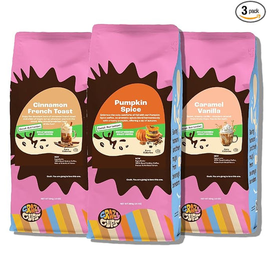 Crazy Cups Decaf Flavored Ground Coffee Variety Pack, Includes Cinnamon French Toast, Caramel Vanilla and Pumpkin Spice, in 10 oz Bags, For Brewing Flavored Hot or Iced Decaf Coffee, Variety 3 Pack