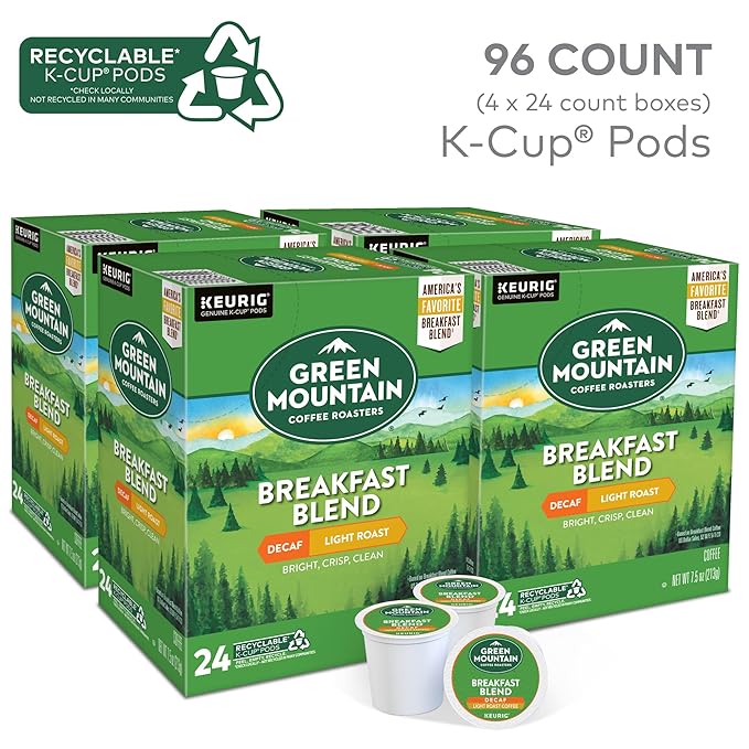 Green Mountain Coffee Roasters Breakfast Blend Decaf Coffee, Keurig Single Serve K-Cup pods, Light Roast, 96 Count