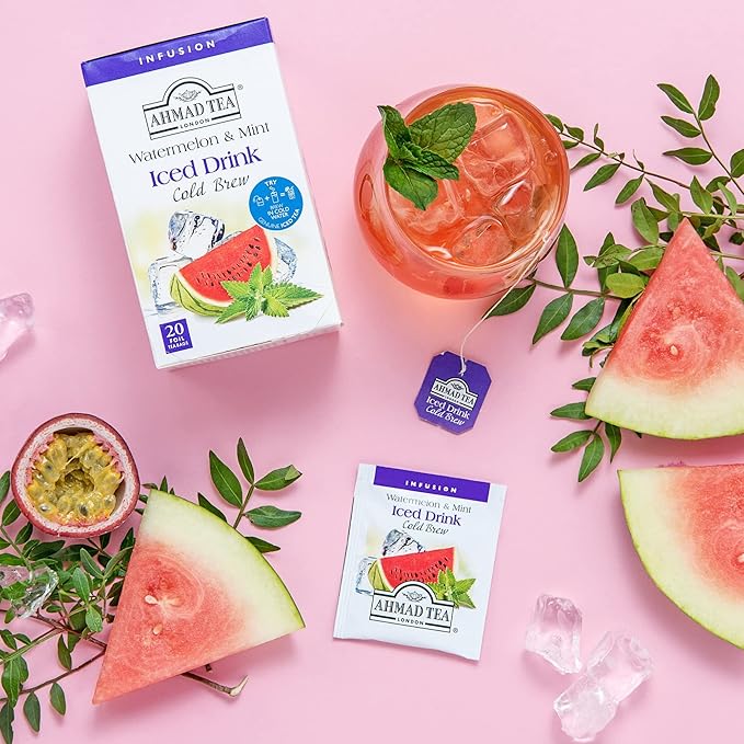 Ahmad Tea Herbal Tea, Cold Brew Watermelon & Mint Teabags, Iced Tea, 20 ct (Pack of 6) - Decaffeinated