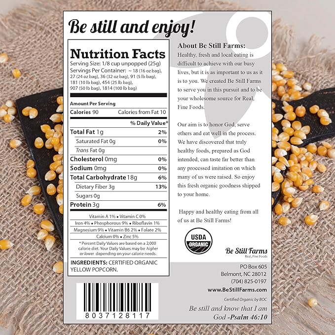 Be Still Farms Yellow Organic Popcorn Kernels (2.8 lb) - Hulless Uncooked Corn Bulk Great for Movie Night - Healthy Microwave Snacks Ideal for Popping - USA Grown | USDA Certified | Vegan | Non-GMO