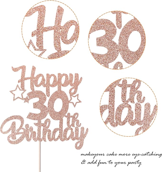 1 Pack Happy 30th Birthday Cake Topper Glitter Heart Star 30 Fabulous Cake Pick Birthday Sign Cake Decorations for 30th Birthday Theme Party Supplies Rose Gold