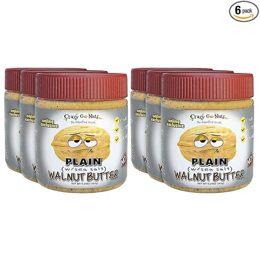 Crazy Go Nuts Walnut Butter - Plain w/ Sea Salt - Healthy Snacks, Keto, Vegan, Low Carb, Gluten Free, Superfood - Natural, Non-GMO, ALA, Omega 3 Fatty Acids, Good Fats and Antioxidants - 9.25 oz (6-Pack)
