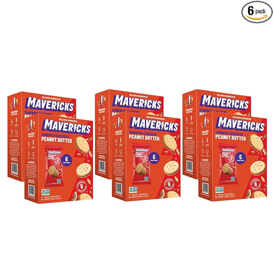 Mavericks Sandwich Crackers Peanut Butter - Plant-Based Peanut Butter Sandwich Snack Crackers, Whole Grain, Non-GMO - Back to School - 6 Boxes (36 Snack Packs)