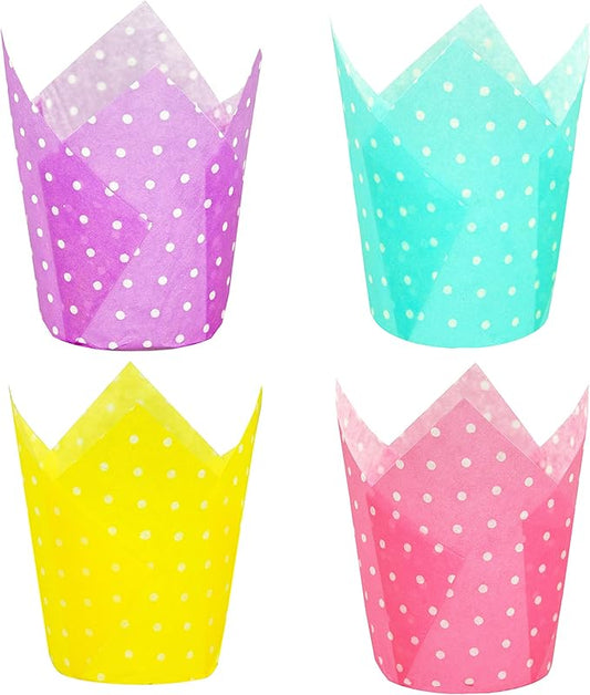 Large Muffin Greaseproof paper Baking cupcake cups, 2-1/4" x 4" Blue,Yellow,Pink,Purple printed with Polka Dot(each colour about 32 pcs, total 125 pcs) Tulip Baking Cup(Large) (125, Multi)