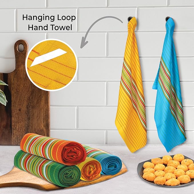 Salsa Stripe Kitchen Towels 100% Cotton Dish Towels for Kitchen Multi Color Highly Absorbent Multi-Purpose Waffle Dish Cloths for Cleaning Soft Hand Bar Towels 20x28 Inches (Set of 4)
