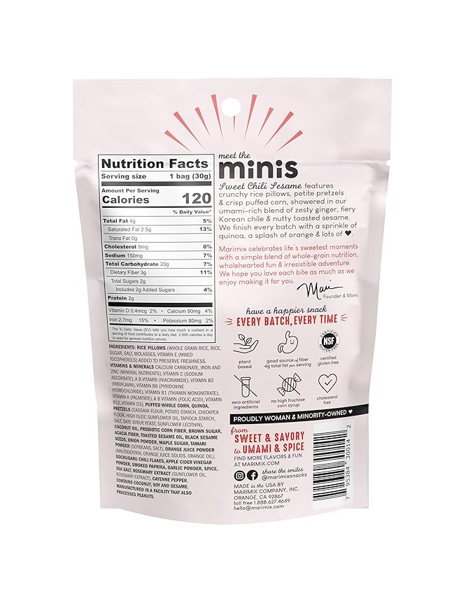 Marimix Snack Mix | Crunch Baked Sweet & Salty Savory Plant Based Naturally Gluten Free Whole Grain Fiber Charcuterie Pretzel Trail Party Mix | No Artificial Ingredients | 12 Count (Mini Sweet Chili Sesame)