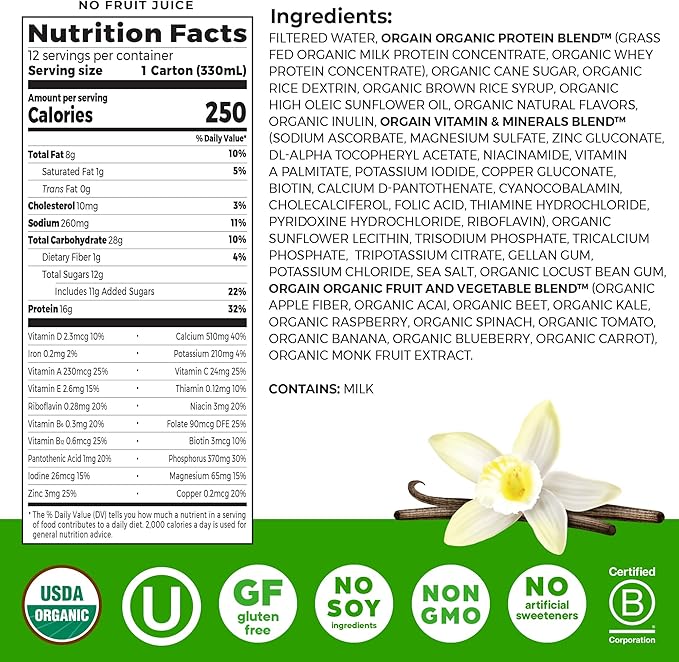 Orgain Organic Nutritional Protein Shake, Vanilla Bean - 16g Grass Fed Whey Protein, Meal Replacement, 20 Vitamins & Minerals, Fruits & Vegetables, Gluten Free, Non-GMO, 11 Fl Oz (12 Pack)