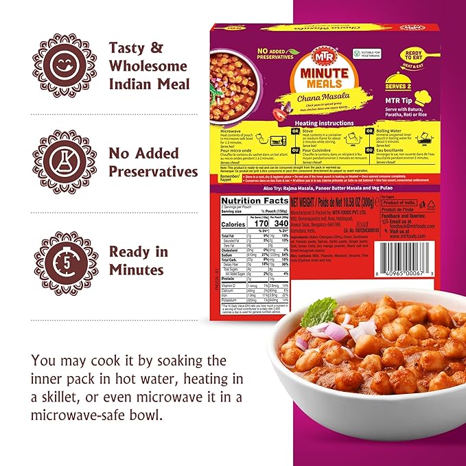 MTR - Minute Meals: Chana Masala - Savory Chickpeas in Spiced Gravy - Authentic Indian Ready-to-Eat Meal - No Added Preservatives - A Quick Meal Suitable for Vegetarians, Ready in Minutes! (Pack of 6)