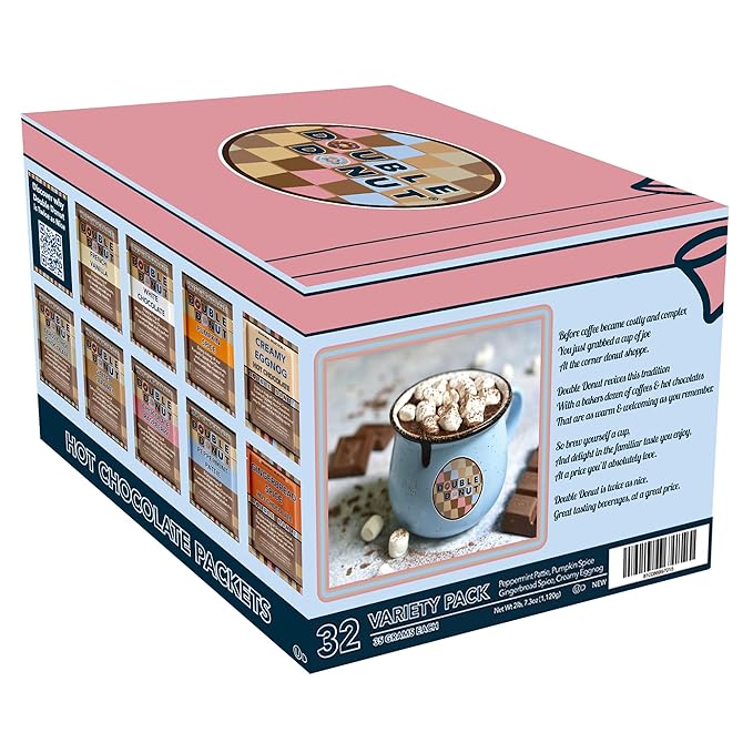Double Donut Holiday Hot Chocolate Packets Variety Pack, 32 Count Seasonal Flavored Hot Cocoa Packets Includes Creamy Eggnog, Gingerbread Spice, Peppermint Patty & Pumpkin Spice