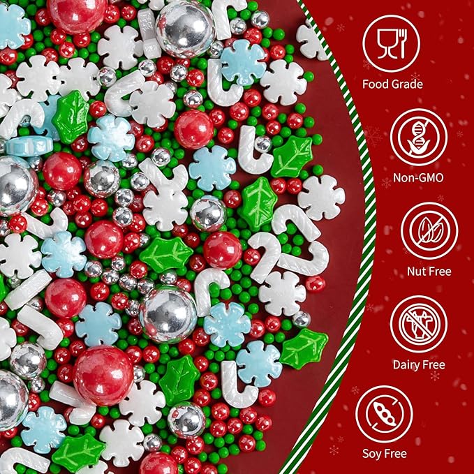 Edible Christmas Sprinkles for Cake Decorating,130gWhite and Blue Snowflake,White Candy Cane,Red Silver Pearls,Christmas Trees,Sugar Holiday sprinkle for Cupcake Toppers, Cookie, Ice Cream Decorations Winter Theme Party Supplies