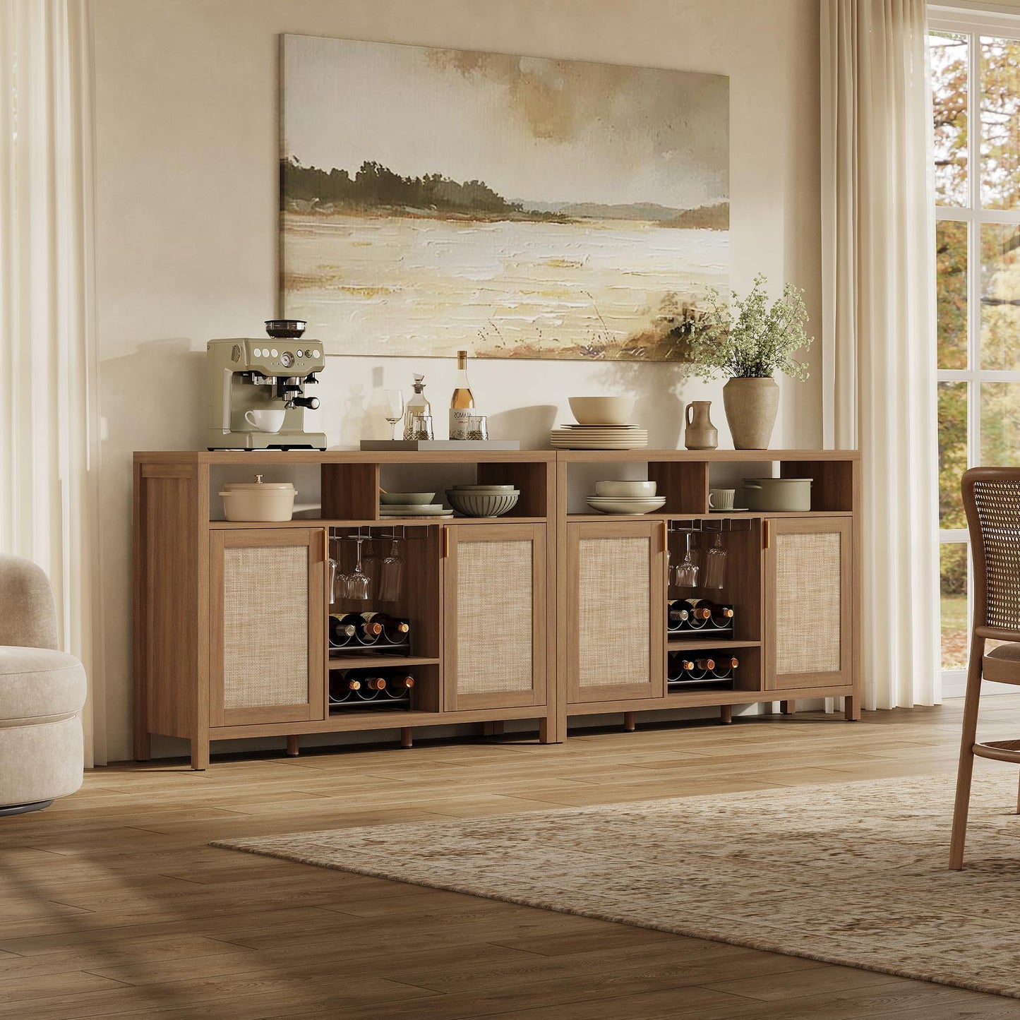 SICOTAS 51" Coffee Bar Cabinet with Storage, Rattan Bar Cart Liquor Cabinet