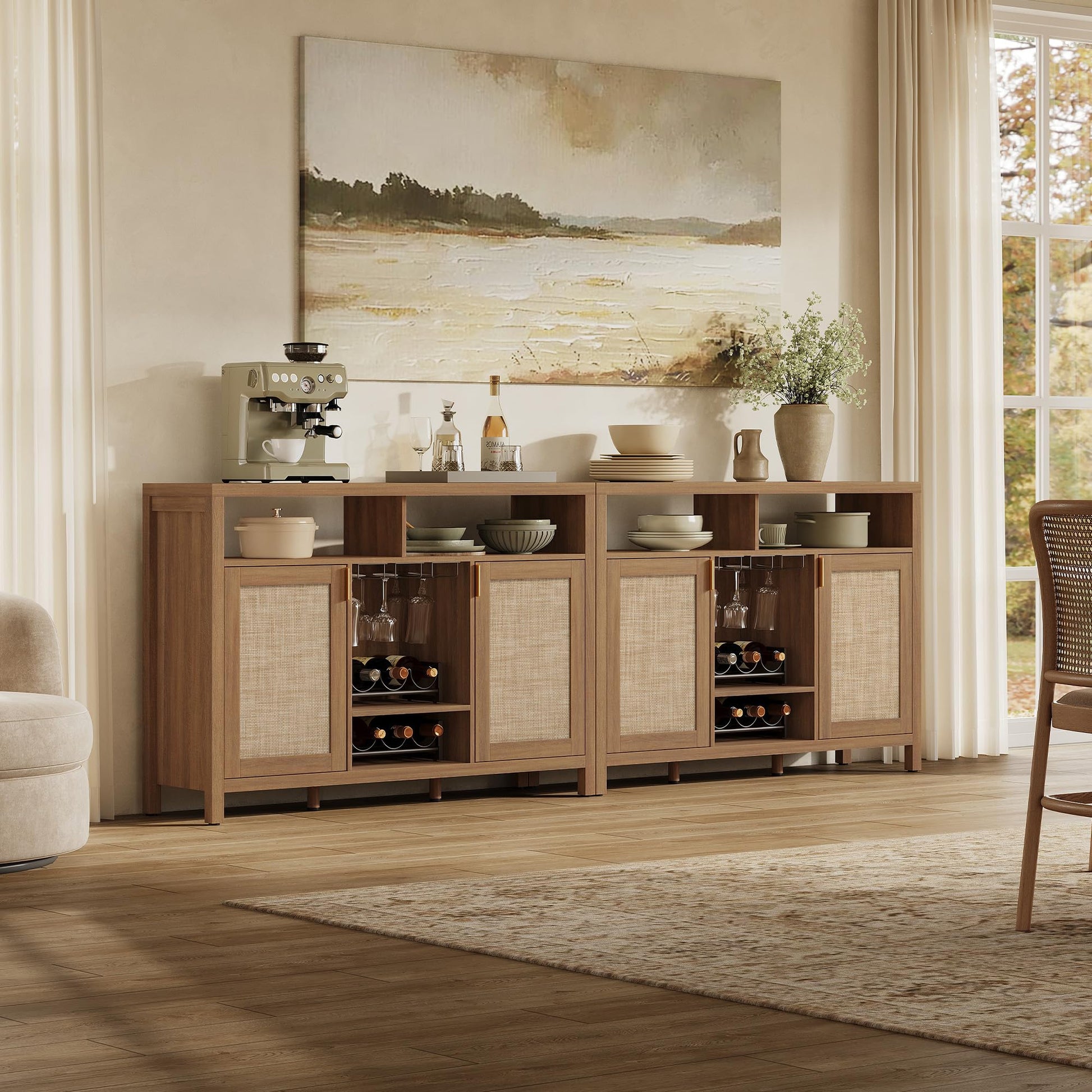 SICOTAS 51" Coffee Bar Cabinet with Storage, Rattan Bar Cart Liquor Cabinet