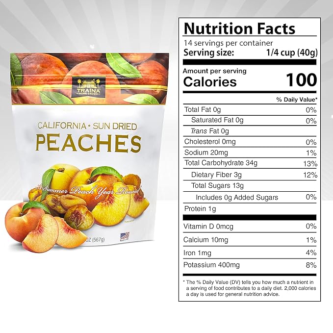 Traina Home Grown California Sun Dried Peaches - Healthy & Non-GMO, Natural Sweet Flavor Fruit No Sugar Added, Perfect Snack In Resealable Pouch (20 Oz)